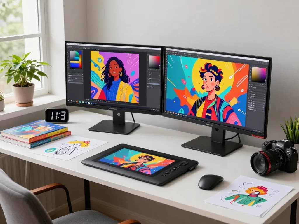 Designer showcasing AI-generated art using the innovative nano banana 2 in a vibrant creative workspace.