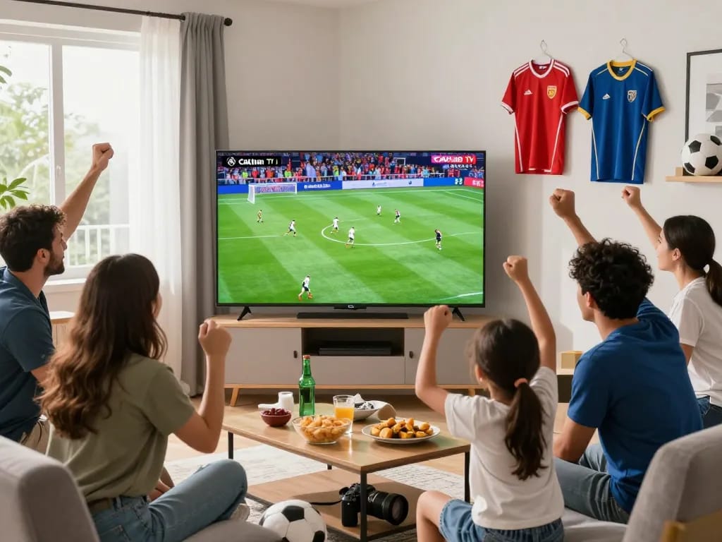 Cakhia TV soccer fans celebrating a goal in a lively living room.