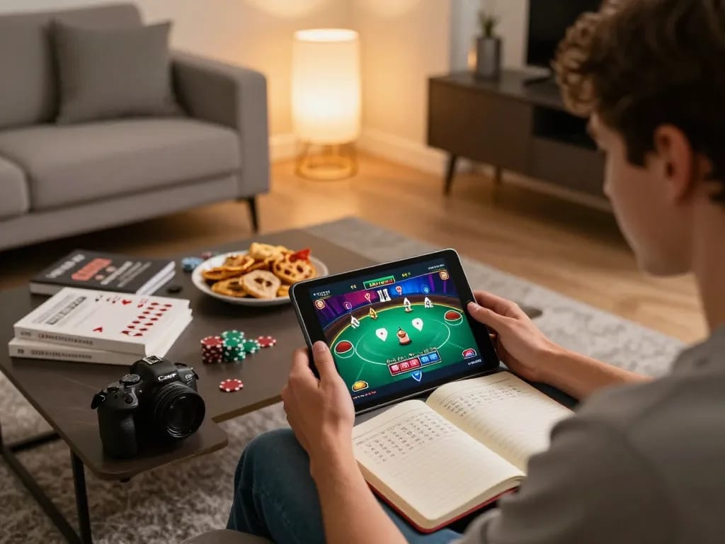 Player enjoying a thrilling online poker experience on their tablet at home with bk8 dad app interface.