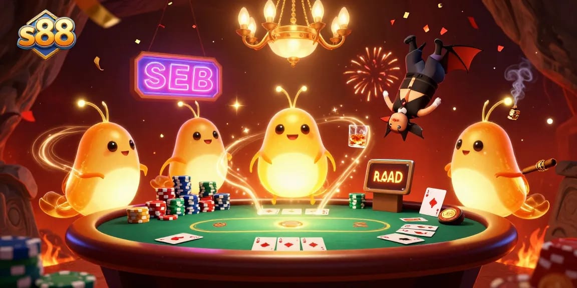 Experience thrilling gameplay with s88's vibrant casino scene filled with animated glowworms and poker excitement.