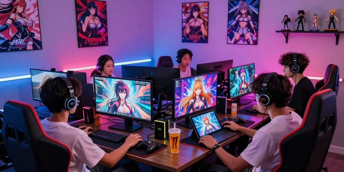 Engaged gamers playing a hentai game in a vibrant virtual gaming setup.