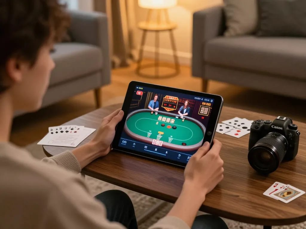 E2BET player engaging in poker on tablet at home, showcasing strategic online gambling.