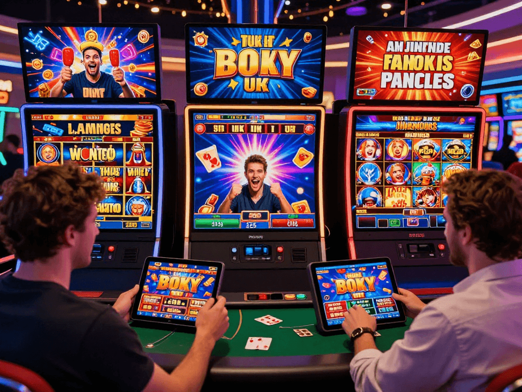 Excited players celebrating wins at USA casinos for UK players, immersed in colorful virtual slots and live dealer games.