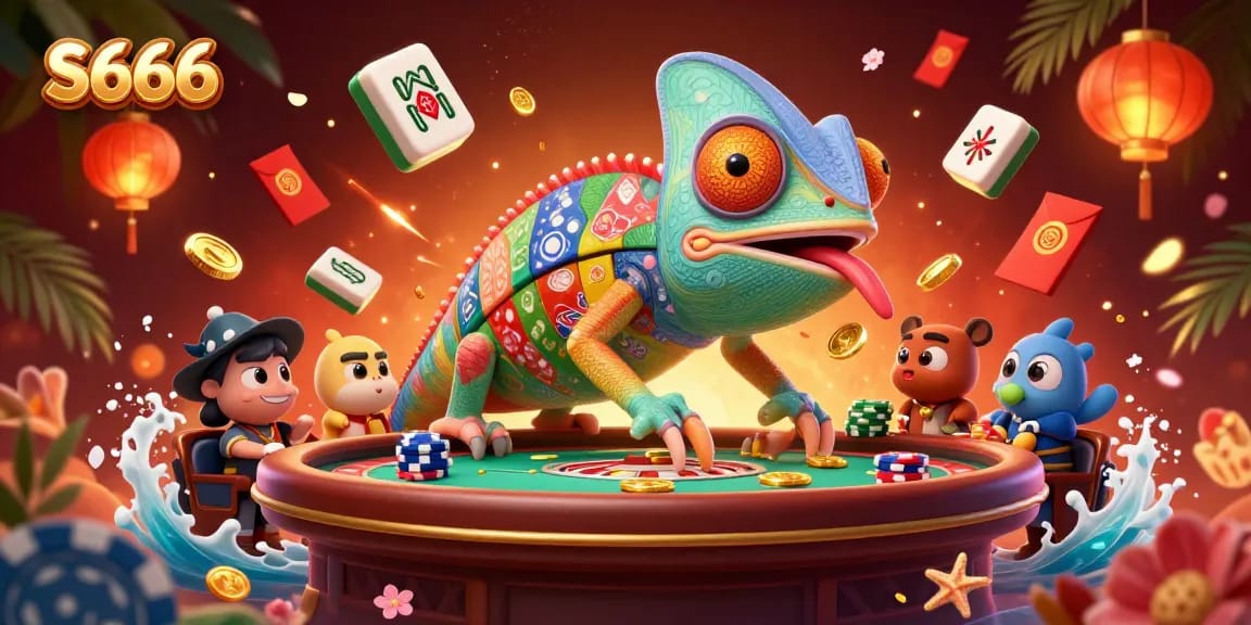 S666 captivates players with vibrant casino elements amid a colorful chameleon owner