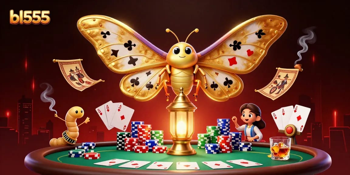 Experience bl555's vibrant casino atmosphere through a dazzling moth and poker elements.