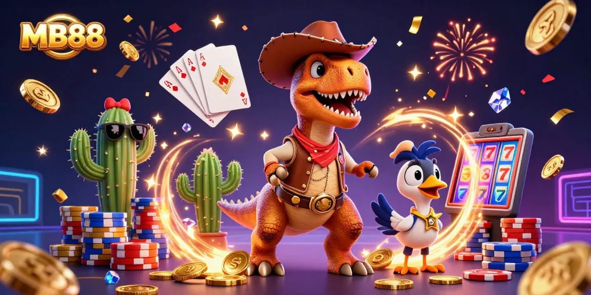 Hình ảnh cá cược sôi động MB88 với khủng long cowboy và các biểu tượng casino