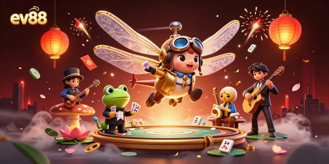 ev88 dragonfly pilot at a lily pad casino, featuring vibrant characters and casino elements