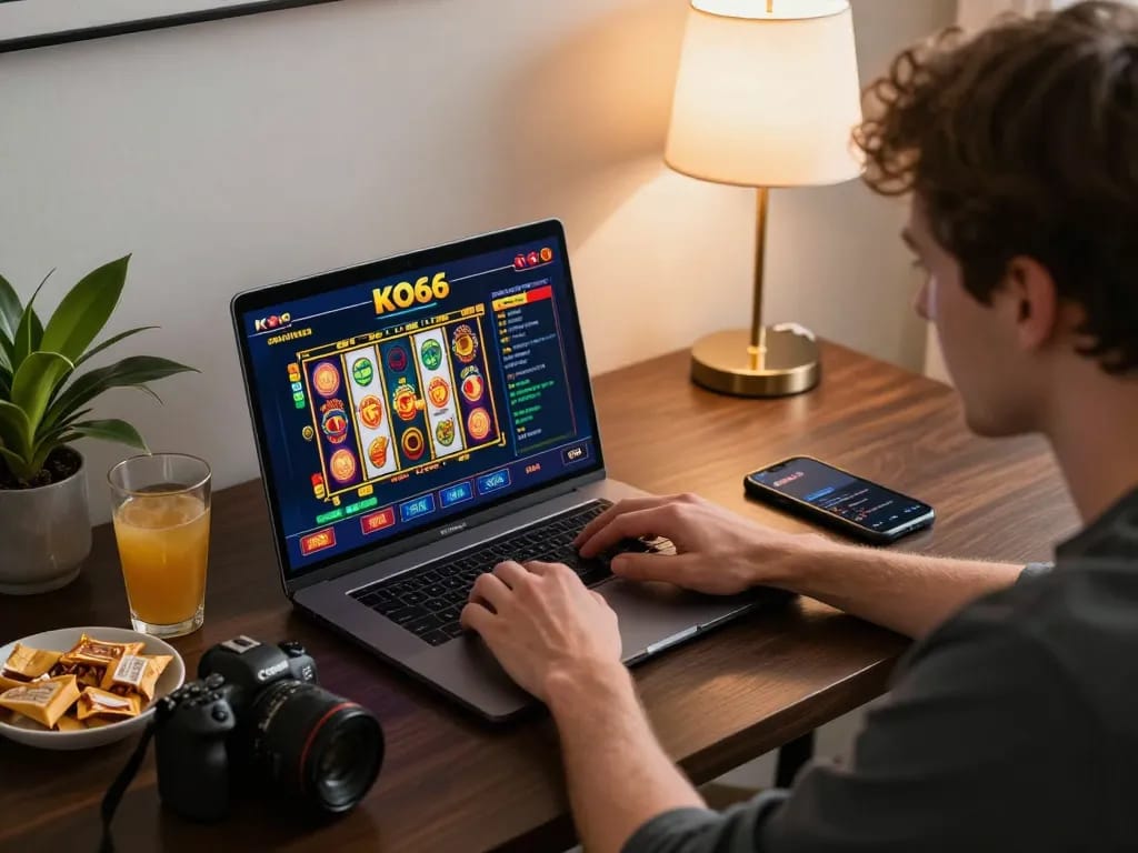 Player enjoying KO66 casino games online at home with a laptop and smartphone in a cozy setting.
