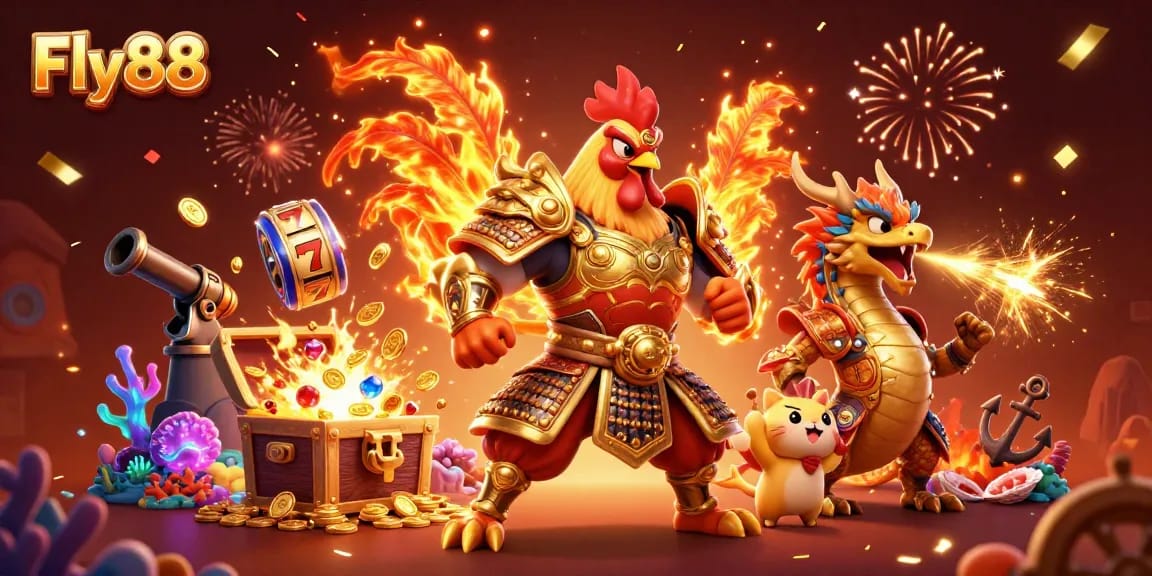 Fly88 showcases a dynamic 3D cartoon scene featuring a fighting rooster and dragon among treasures.
