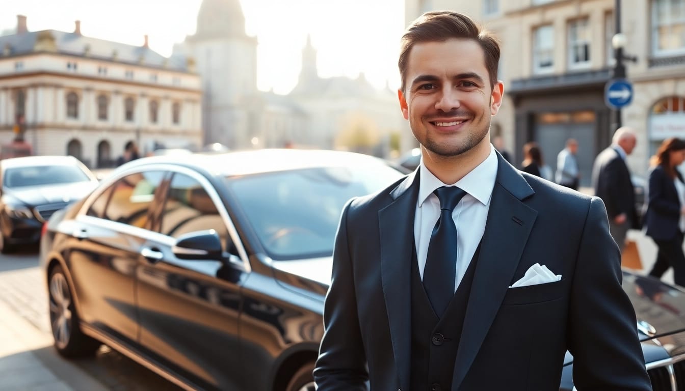 Chauffeur Hire Nottingham services showcased by a professional chauffeur ready to assist in Nottingham's vibrant city.