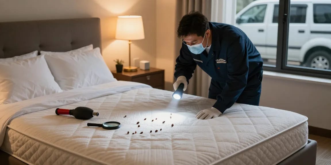 Bed bug removal inspection in a residential bedroom with a technician examining a mattress.