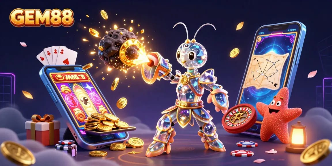 Experience GEM88 with vibrant slots and exciting jackpots amid rich 3D illustration.