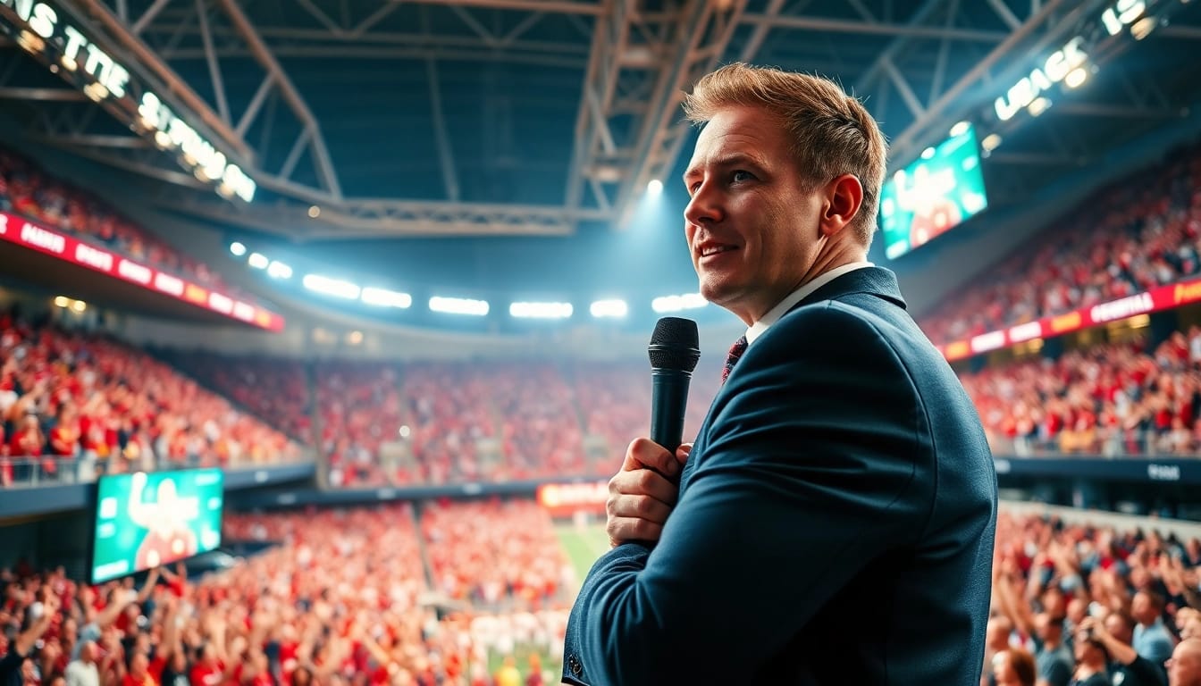 Engaging sports broadcasting scene showcasing a commentator at a lively stadium, capturing the essence of Sports Broadcasting.