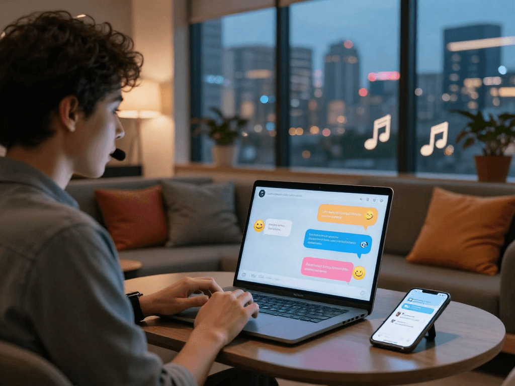 Engaging porn ai chat interaction in a modern lounge, showing lively exchanges on a laptop with colorful text bubbles.