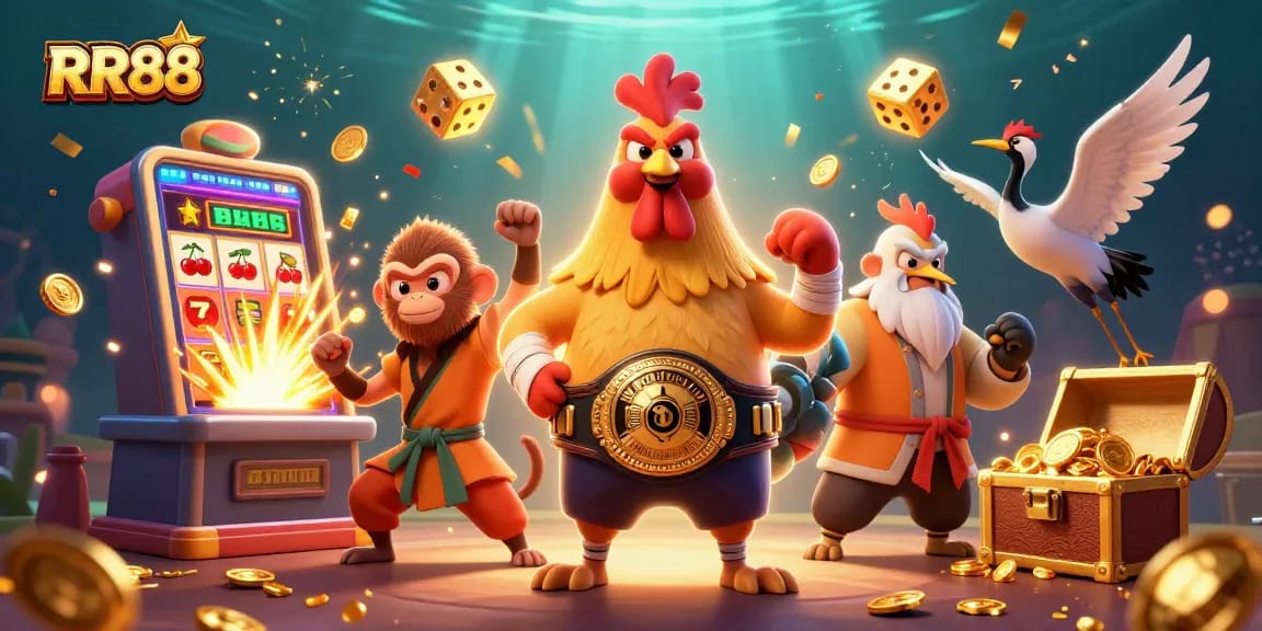 Win big with RR88 in an energetic 3D casino scene featuring dynamic game elements and characters.