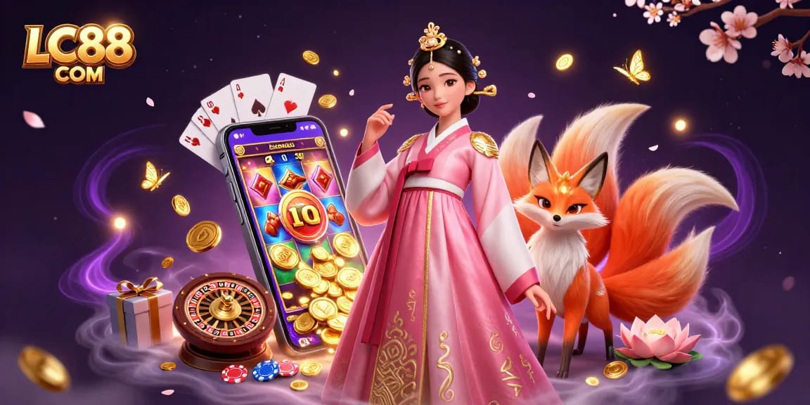 Experience the thrill of LC88 COM with vibrant slot games and captivating characters in a stunning casino scene.