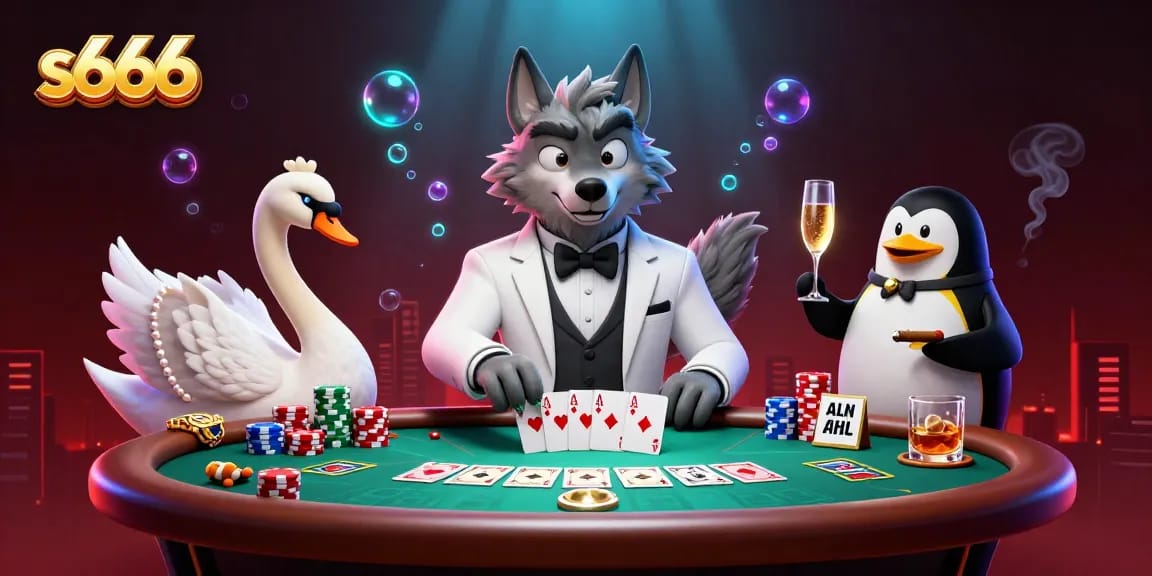 Experience excitement with s666 at an ultra-detailed casino scene featuring a debonair wolf and friends.