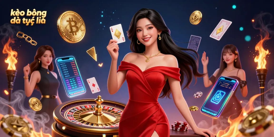 Engaging illustration showing kèo bóng đá trực tuyến with a beautiful Asian woman near roulette, exuding glamour.