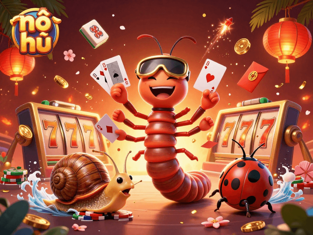 Nổ hũ slots featuring a millipede dealer with cards, a high-roller snail, and vibrant game elements.