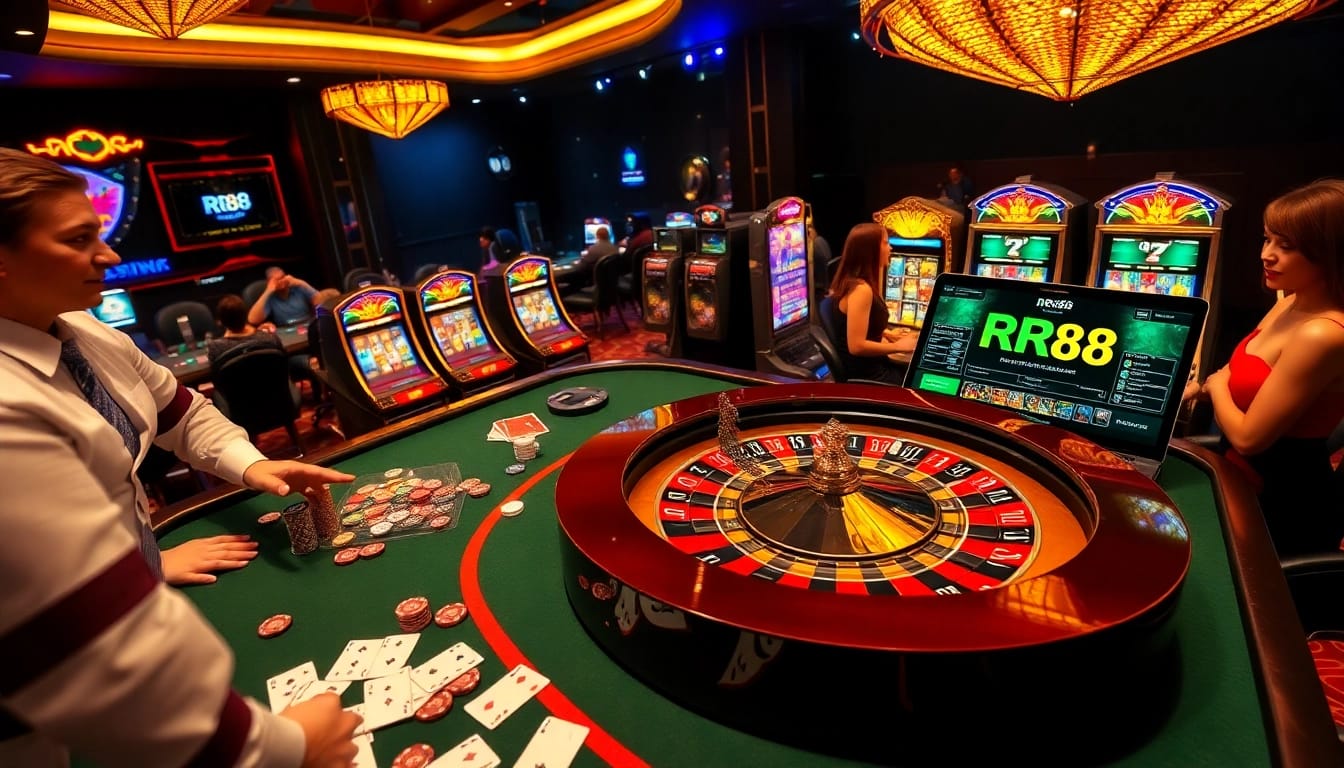 Gamblers enjoying the thrill of RR88 at a luxurious casino table with roulette and cards.