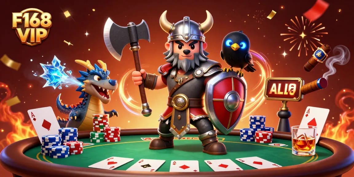 Experience thrilling casino action with F168 VIP, featuring a Viking warrior, dragon, and poker elements.