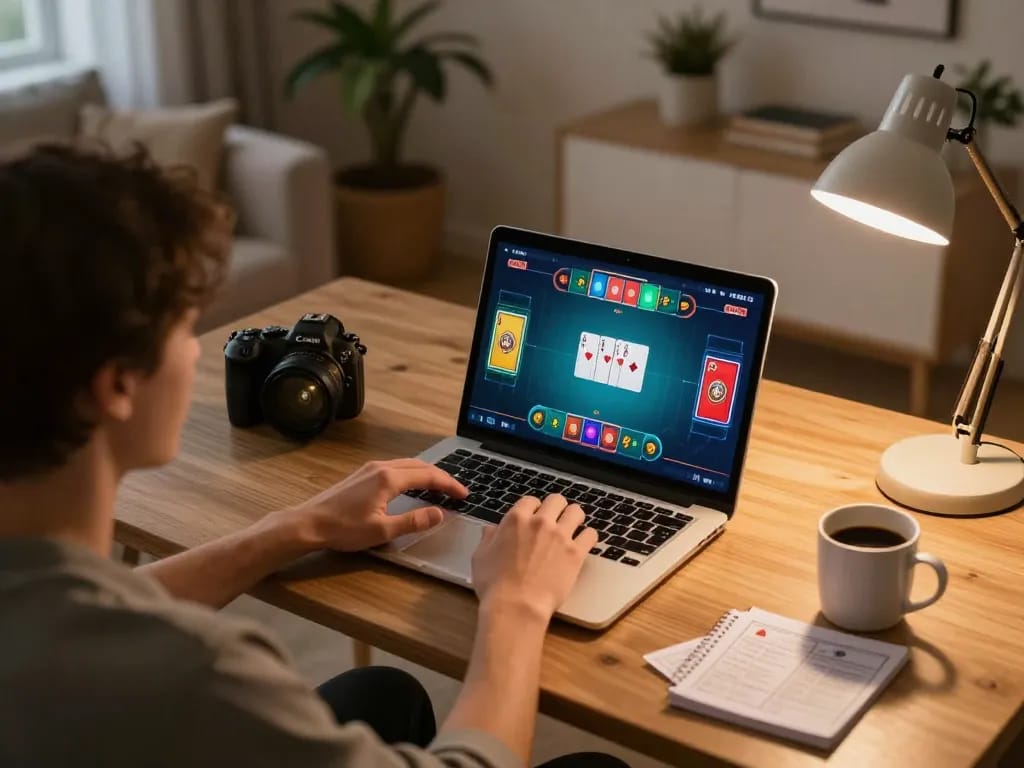 Player engaged in an online poker game at home using mn88, showcasing strategic gameplay and a comfortable environment.