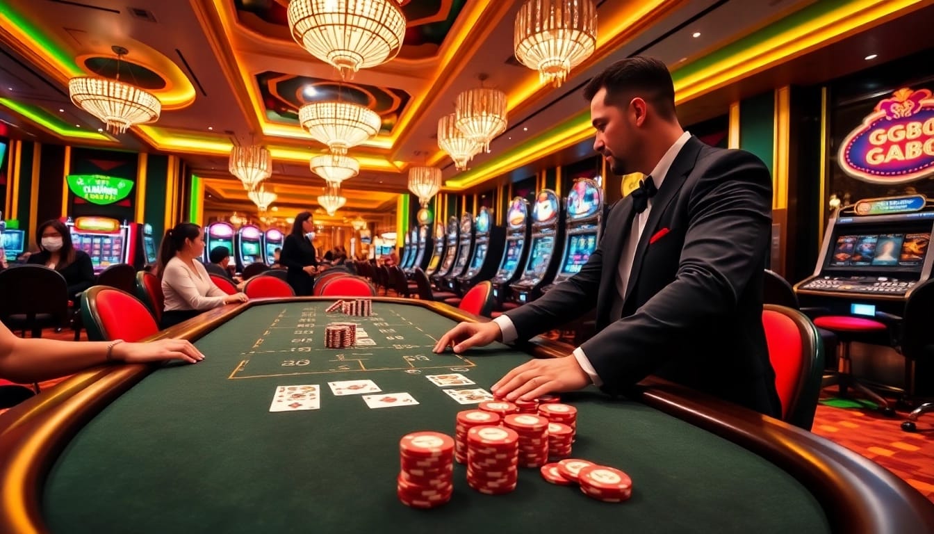 GG88 poker table showcasing vibrant chips and cards in a luxurious casino setting.