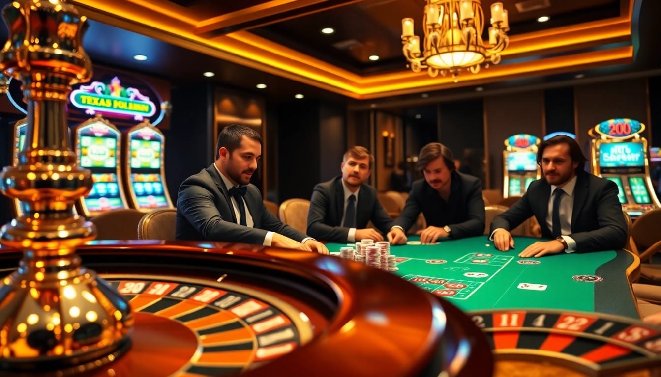 Players competing at a luxurious poker table at a rikvip casino, enriched with excitement and strategy.