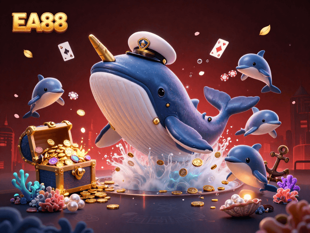 EA88 captivates players with a vibrant illustration of a whimsical casino adventure featuring a whimsical whale, narwhal, and dolphins.