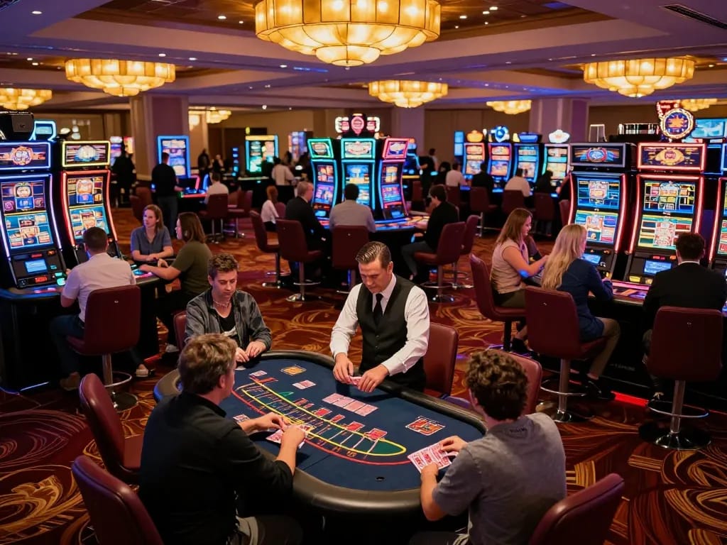 Kwin players enjoying blackjack at a lively casino table with vibrant slot machines in the background.