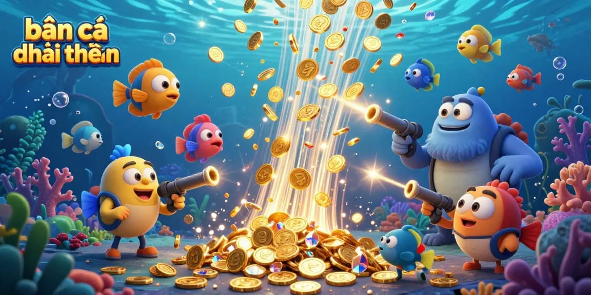 Bắn cá đổi thưởng gameplay illustration showing dynamic underwater action and golden rewards