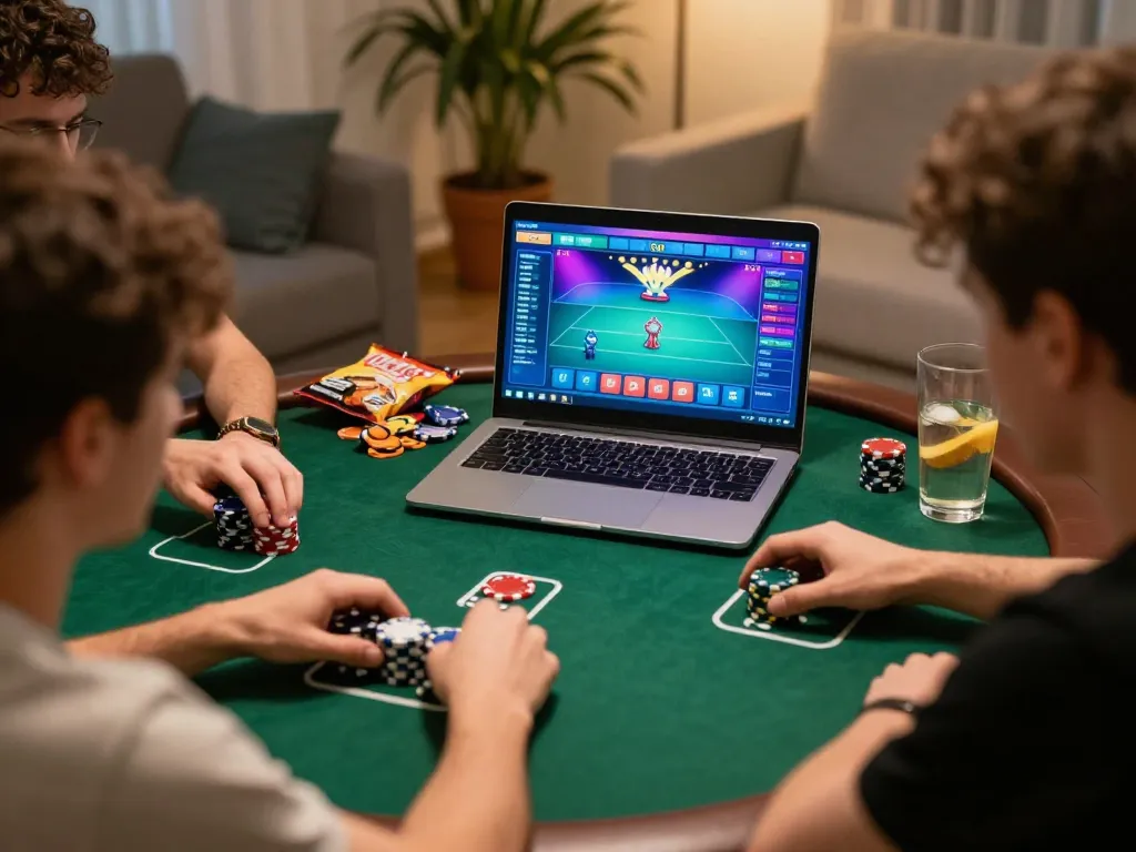 HB88 players strategizing in an engaging online poker session from a cozy home gaming setup.