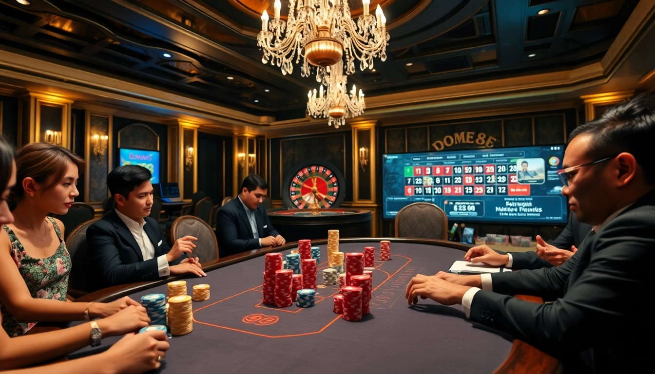 Engaged players at a luxurious poker table showcasing dom88.us.com and vibrant poker chips.
