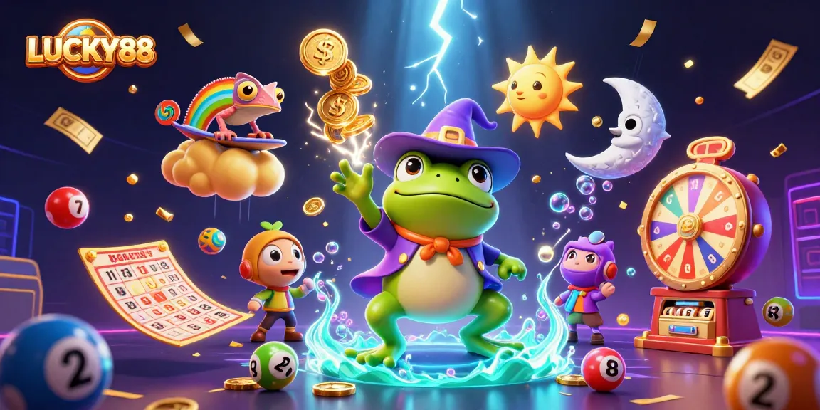 LUCKY88 engages players with a vibrant scene of a weather wizard frog amidst golden coins and colorful lottery elements.