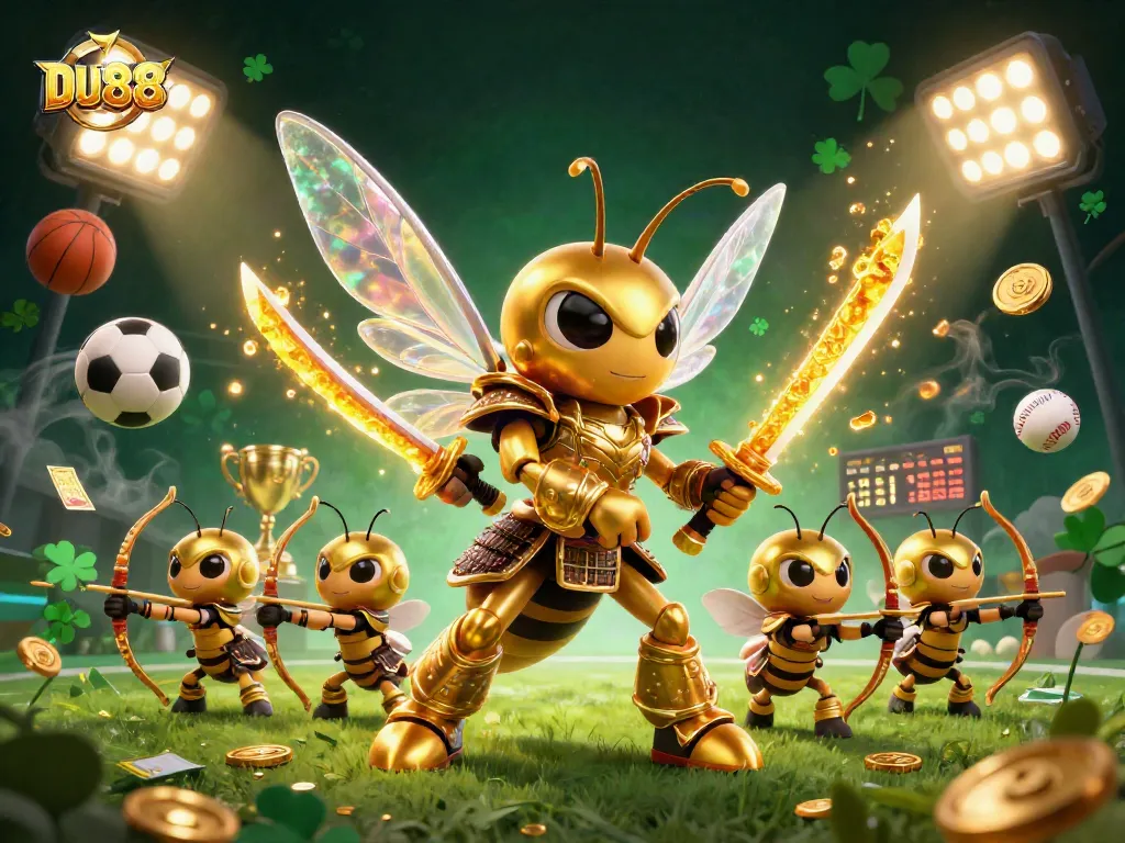Experience the thrill at DU88 with a vibrant 3D illustration featuring dynamic sports elements and golden motifs.