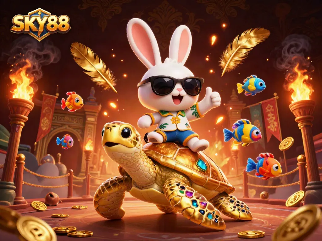 Experience exciting gaming action at SKY88 with a lucky rabbit on a golden turtle amidst vibrant casino elements.
