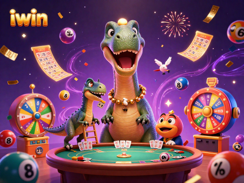 iwin casino illustration featuring a brontosaurus and raptor dealing cards amidst lottery and bingo elements