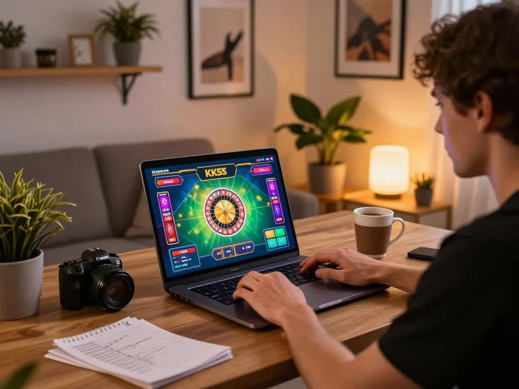 Engaged player enjoying KK55 online casino gaming on a laptop, with strategy notes and coffee.