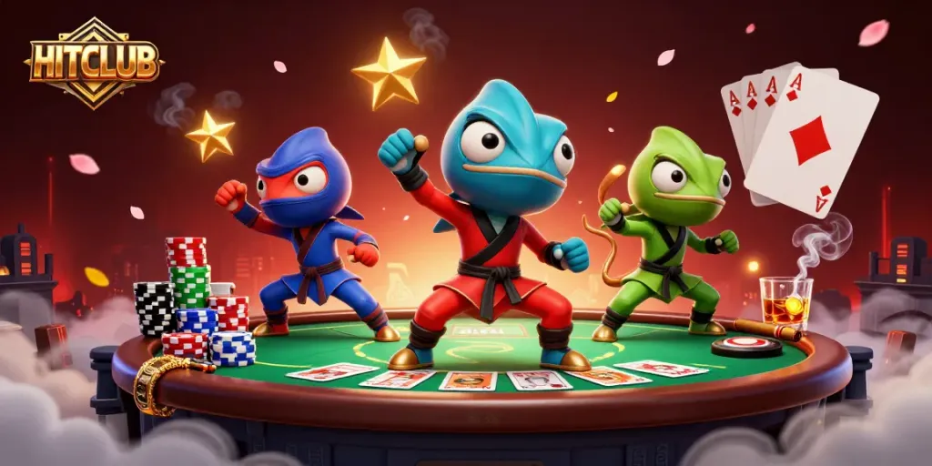 HITCLUB showcases a dynamic scene with ninja chameleon characters battling amidst poker elements.