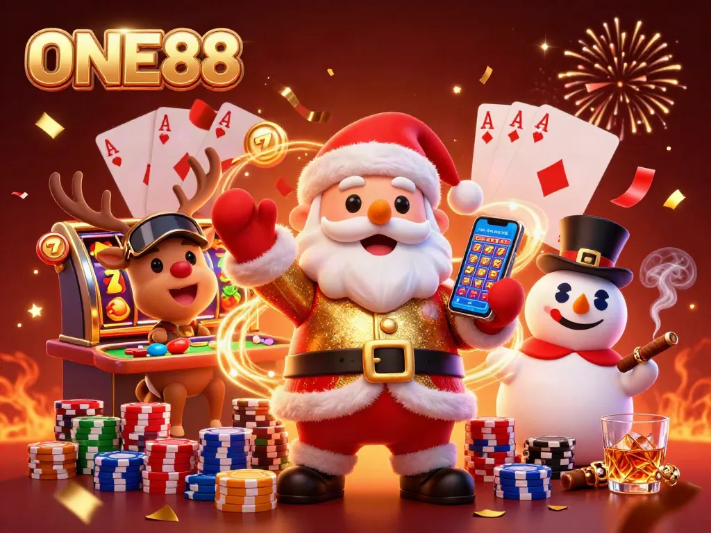 Engage in the thrilling casino experience with ONE88 and vibrant slot games amidst festive characters.
