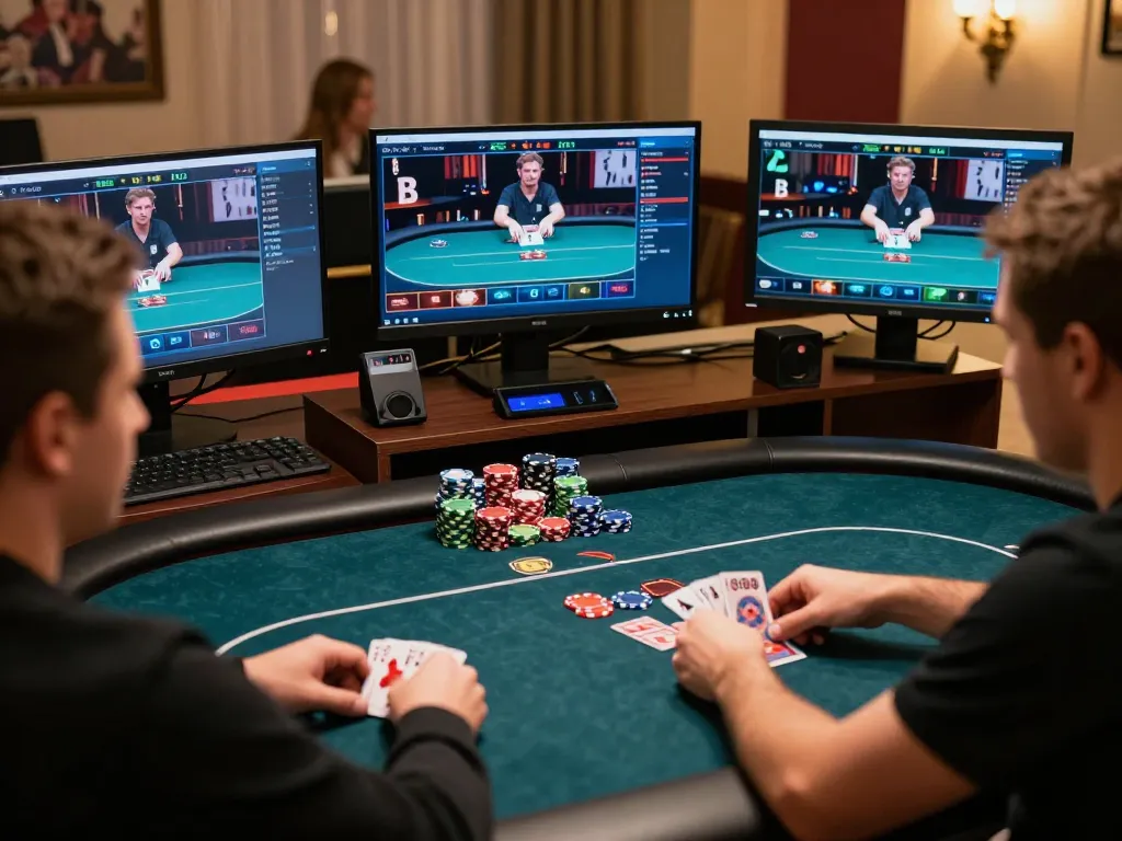 An engaged player strategizing at a poker game on 8XBET COM, showcasing a vibrant online gaming atmosphere.