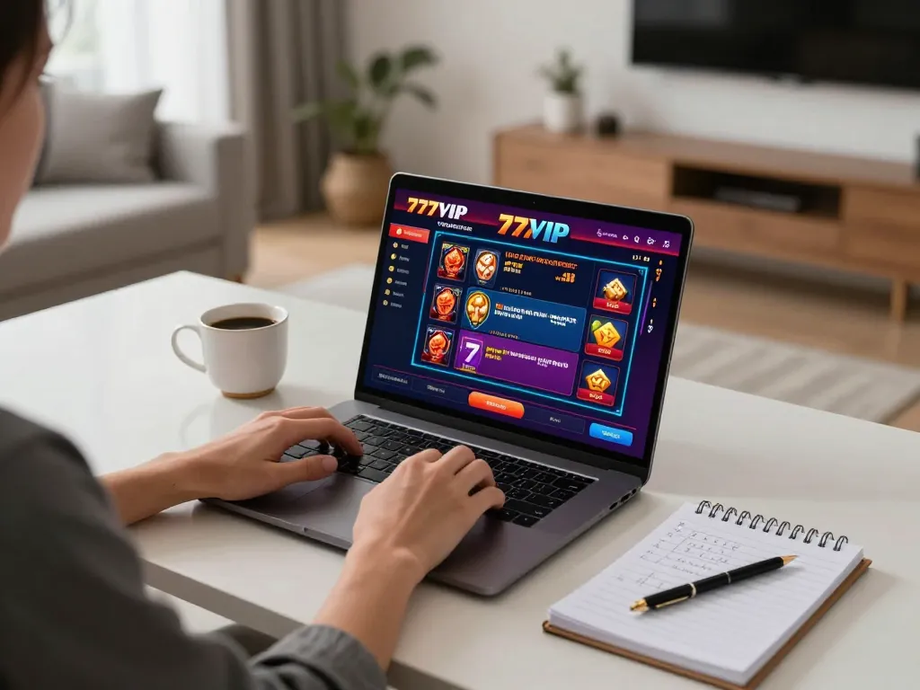 Engaged player using 777vip-br online casino platform on laptop in a cozy home setup