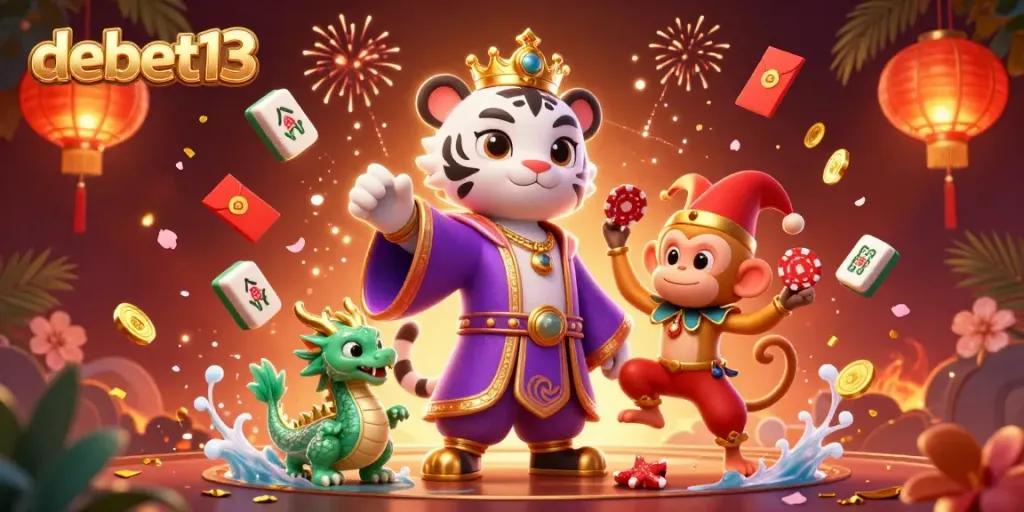 Experience thrilling gameplay with debet13 featuring vibrant 3D casino characters amidst festive elements.