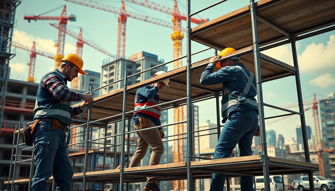 Scaffolders Manchester constructing a building with teamwork and safety tools.