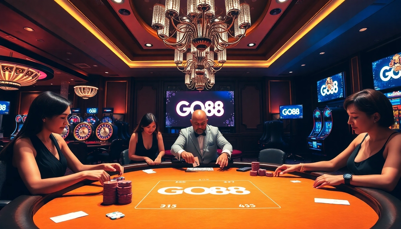 High-stakes gambling at a luxurious GO88 casino table with vibrant characters and thrilling excitement.