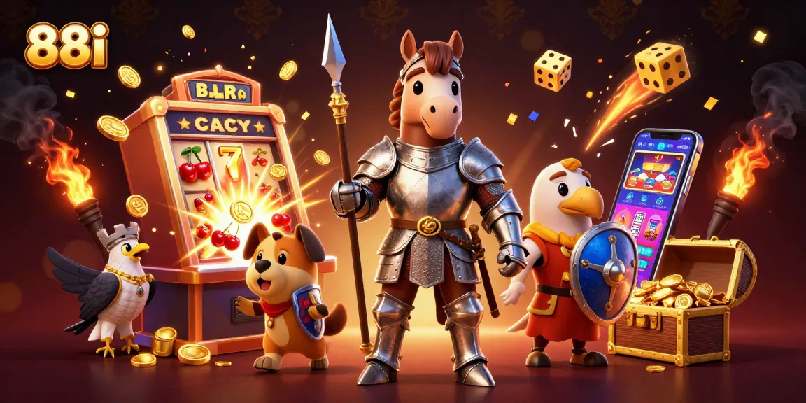Engage with 88i's thrilling jackpot scene of animated characters amidst vibrant casino elements.