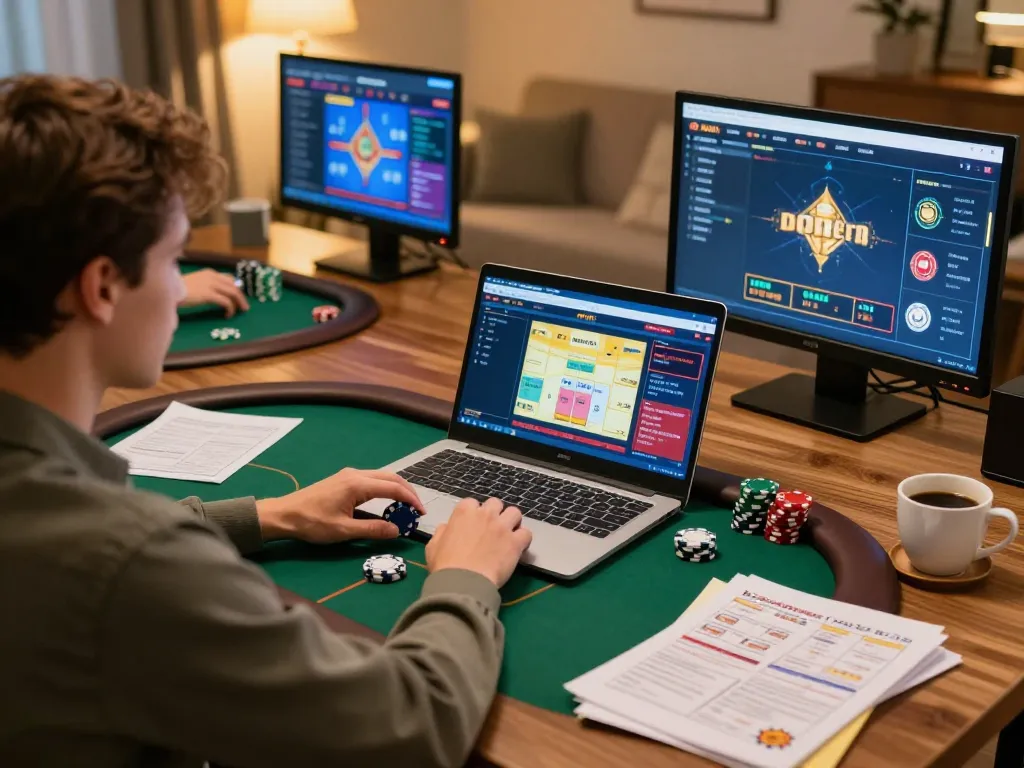 Player using mb668 platform for online poker, surrounded by strategy notes and casino chips.