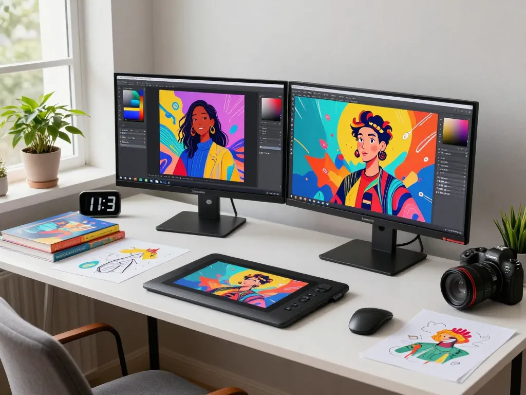 Designer showcasing AI-generated art using the innovative nano banana 2 in a vibrant creative workspace.