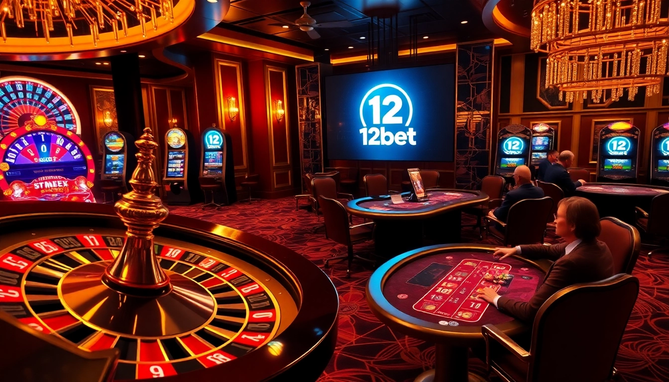 Players enjoying an exciting casino game experience at 12bet with vibrant slot machines and roulette wheels.