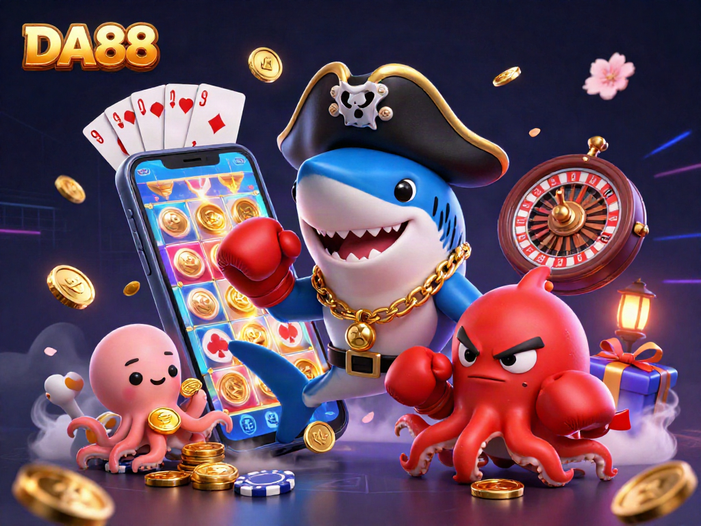 Catch thrilling DA88 casino action with a vibrant scene showcasing a shark, pufferfish, and octopus amidst games and gold.
